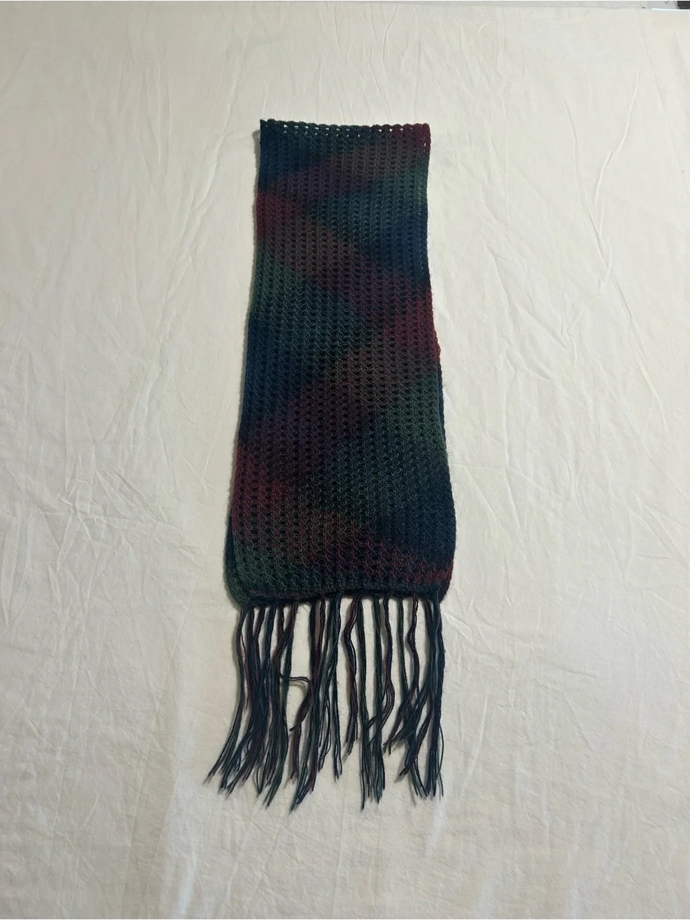 100% Baby Alpaca Open Knit Scarf Dark Plaid Fringe Whimsigoth Y2K